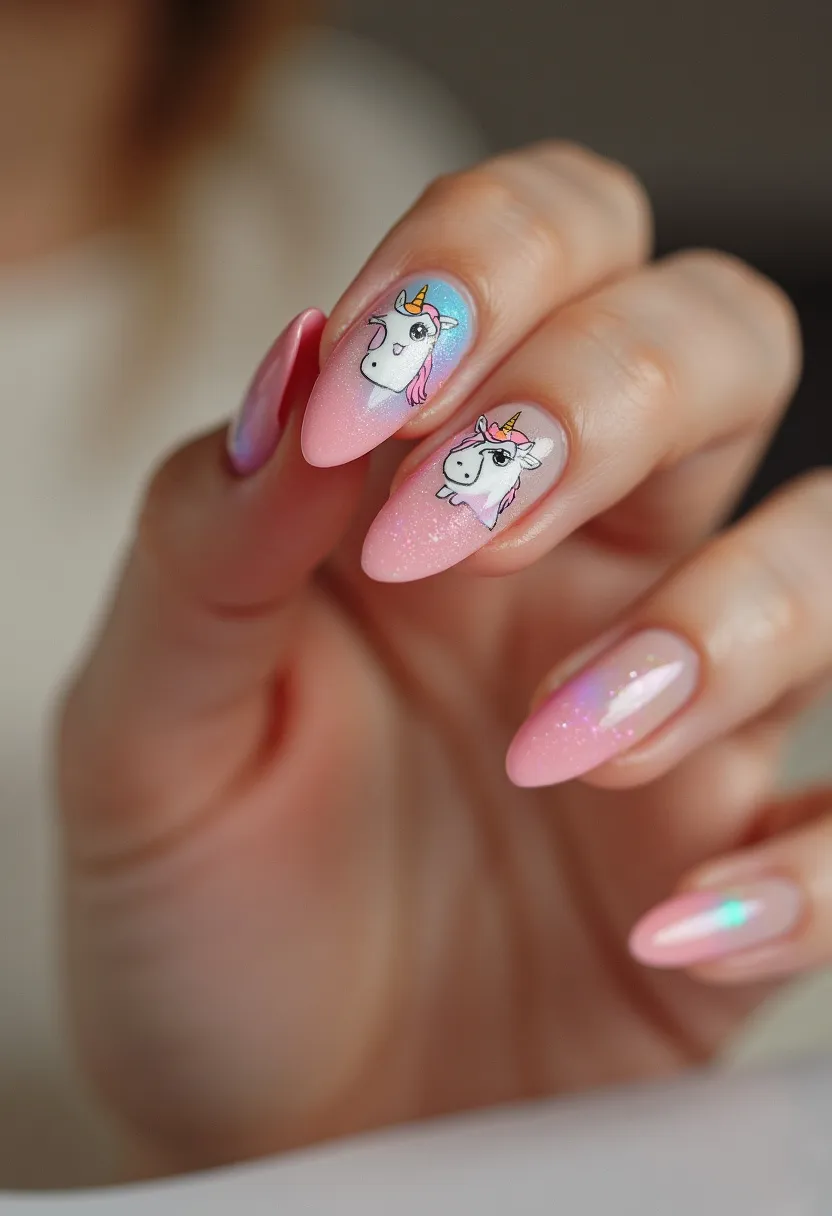 The nail design features a delightful pastel color palette dominated by shades of light pink, with hints of blue and purple undertones. The nails are shaped in a gentle almond form, providing an elegant and feminine appearance. The most striking feature of this design is the intricate artwork of unicorn faces on two of the nails, adding a whimsical and playful touch. The unicorns are detailed with vibrant colors for their manes and horns, and their faces feature expressive eyes and charming details. The treatment appears to be in the form of gel, evidenced by the glossy and smooth finish of the nails. The presence of the unicorn motif and pastel colors suggest a playful, fantasy, or perhaps a special occasion theme such as a birthday or a celebration catered towards a youthful or spirited audience.