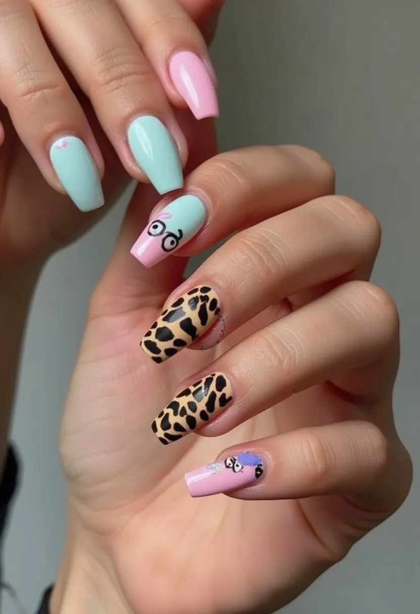 The nail design showcases a striking and playful appearance with a square shape. The color palette features pastel shades of mint green and pink along with an eye-catching leopard print pattern. The mint green nails are paired with pink accents, one of which includes a minimalistic face drawing with glasses, while the pink nails include a similar face design. The leopard print pattern is bold and classic, adding a wild touch to the design. This intricate nail art appears to be achieved using gel or acrylic treatments, providing a glossy and durable finish. The design incorporates elements that are both quirky and stylish, suitable for a fun and expressive look, possibly for a casual outing or themed event.