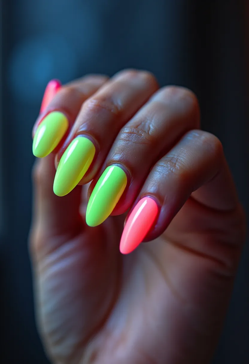 The nail design features a vibrant color palette predominantly showcasing a neon yellow and a neon pink hue. The nails are sculpted into an almond shape, enhancing the overall elegance and elongation of the fingers. This design appears to be executed with a gel treatment, providing a glossy and smooth finish that enhances the vibrancy of the colors. There's a seamless, solid application of each color on individual nails without additional patterns or decorations, maintaining a bold and straightforward aesthetic. The cheerful and bright color choices hint at a summer or festival theme, making these nails perfect for lively, warm-weather events or celebrations.