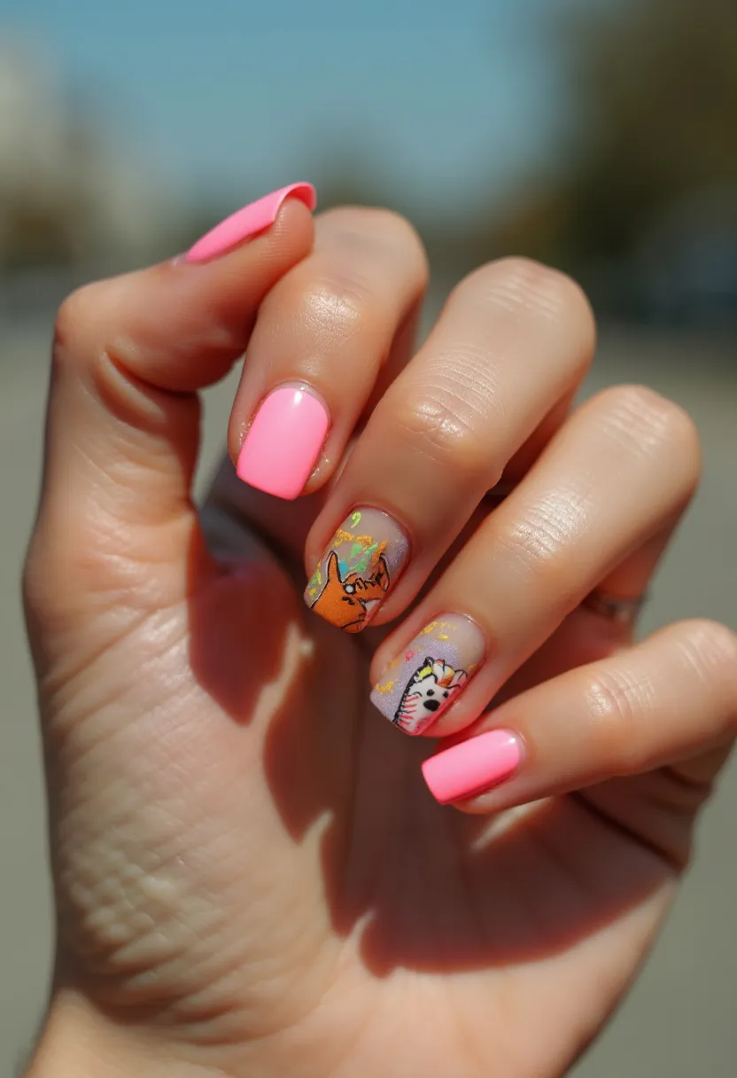 The nail design features a vibrant, summer-inspired palette with a dominant hot pink color on most of the nails. The nails are medium length with a square shape. Two accent nails showcase intricate, playful patterns: one with an adorable fox illustration in warm orange tones, and the other with a cute hedgehog featuring a colorful floral headdress. Both accent nails also have small golden leaf-like decorations adding a touch of sparkle. The other nails maintain the bright pink hue, creating a cohesive yet eye-catching design. These nails appear to be treated with gel polish, giving them a glossy and durable finish, perfect for a fun and lively summer look.