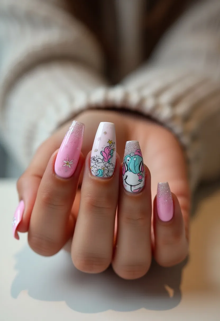 This nail design features a delicate and whimsical theme with a focus on soft pinks and whites accented with playful patterns and decorations. The nails are long and almond-shaped, offering a feminine and elegant appearance. The predominant colors used are pastel pink and white, with glitter elements adding a touch of sparkle. One nail exhibits an intricate pattern with floral designs, another showcases a charming illustration of a unicorn with pastel-colored mane, while some nails include subtle star patterns. This suggests a gel or acrylic nail treatment due to the smooth finish and vibrant designs. The overall look evokes a sense of fantasy and could be perfect for a springtime event or a special occasion geared towards a fun and youthful aesthetic.