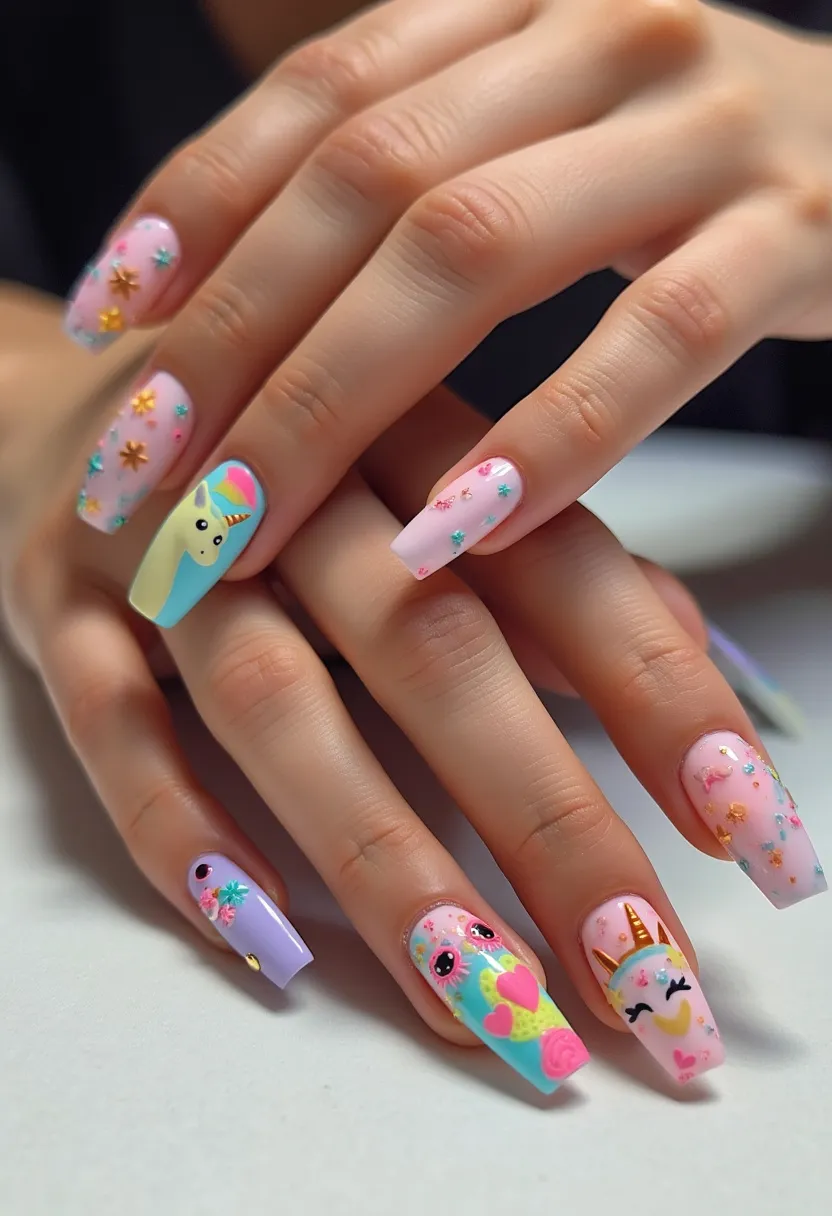 The nail design features pastel colors, predominantly pink, blue, and lavender, creating a playful and whimsical palette. The nails are shaped in a square style with medium to long length. The design includes intricate patterns such as unicorns, hearts, stars, and tiny flowers, suggesting a fantasy or magical theme. There are 3D elements and detailed hand-painted designs, adding a unique and elaborate touch to the nails. The finish indicates the use of gel treatment, giving the nails a glossy and durable look suitable for a fun, youthful, and imaginative presentation, perfect for a themed party or special occasion.