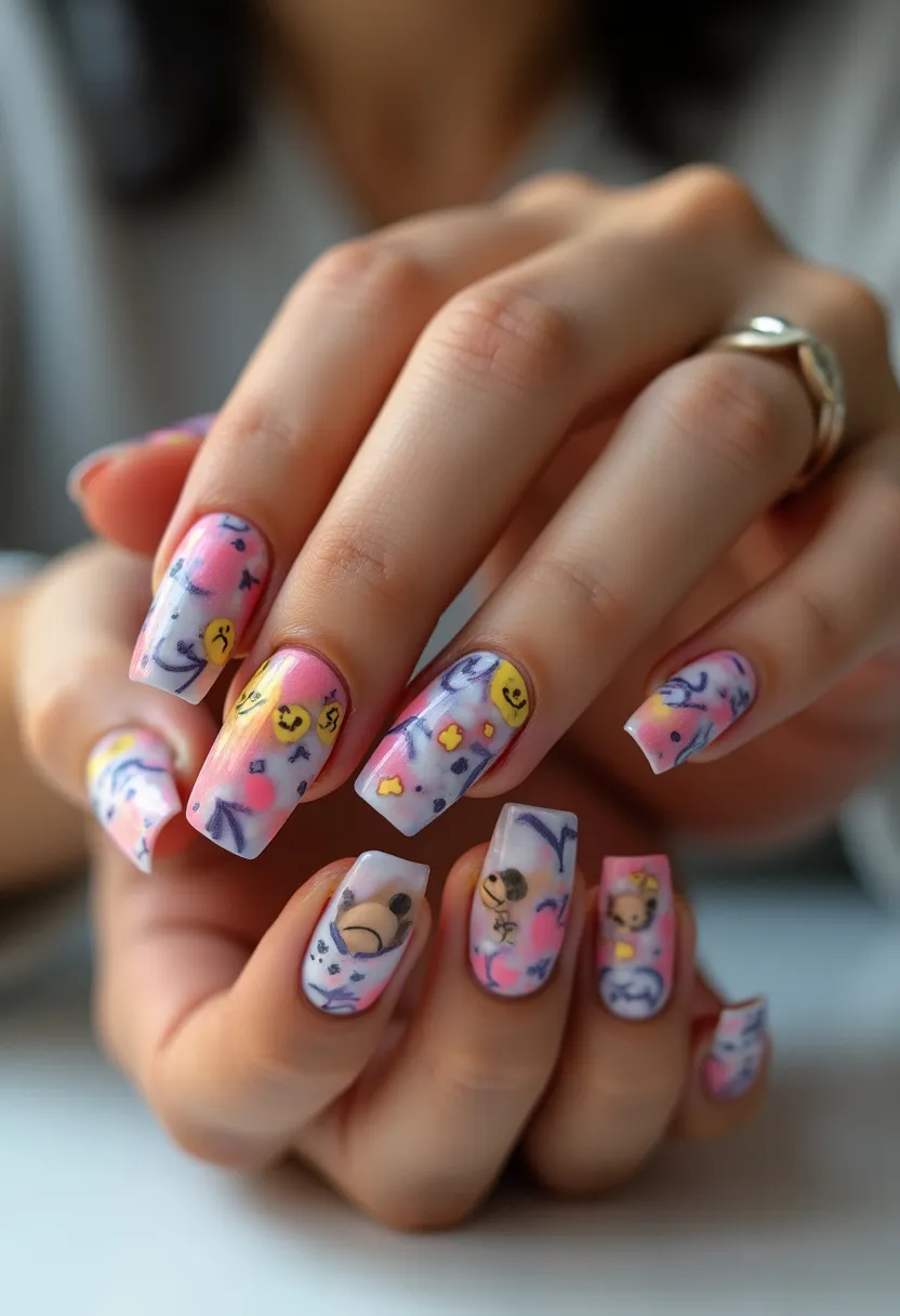 The nail design features a vibrant and playful color palette dominated by pastels, primarily pink, purple, and yellow, with a soft white background. The nails are medium-length with a square shape, providing a generous canvas for intricate details. The design incorporates various cute and cheerful patterns, including smiling faces, cartoon-like characters, and abstract shapes, creating a whimsical and fun effect. The nails appear to be treated with gel, providing a glossy and durable finish that enhances the vibrancy of the colors and the clarity of the intricate art. The overall look suggests a youthful and joyful theme, possibly suitable for a festive or light-hearted event.