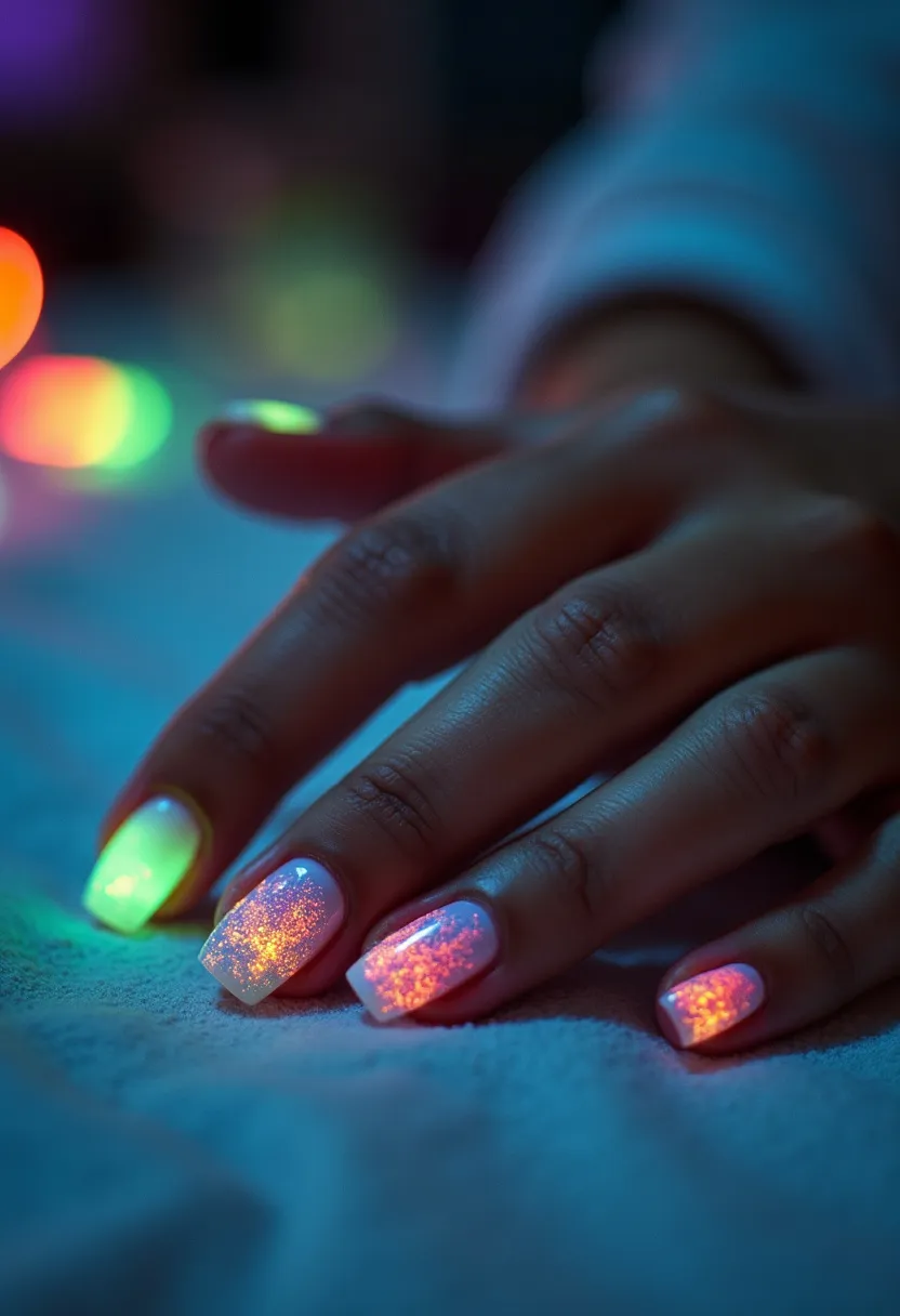 The nail design features a vibrant and luminous color palette with shades of neon green, bright pink, and glowing orange hues embedded in a clear or pale base. The nails are shaped into a moderate squoval form, combining the elegance of an oval shape with the practicality of a square edge. Intricate patterns are evident, with glowing shimmer and iridescent sparkles that create a dazzling effect. The nail treatment appears to be a UV gel polish, which adds to the glossy and long-lasting finish of the design. This particular design exudes a festive or special occasions vibe, possibly suited for nightlife events, parties, or any celebration where a bold and eye-catching manicure would be perfect. The radiant and colorful accents make it a standout seasonal choice, especially for spring or summer festivities.