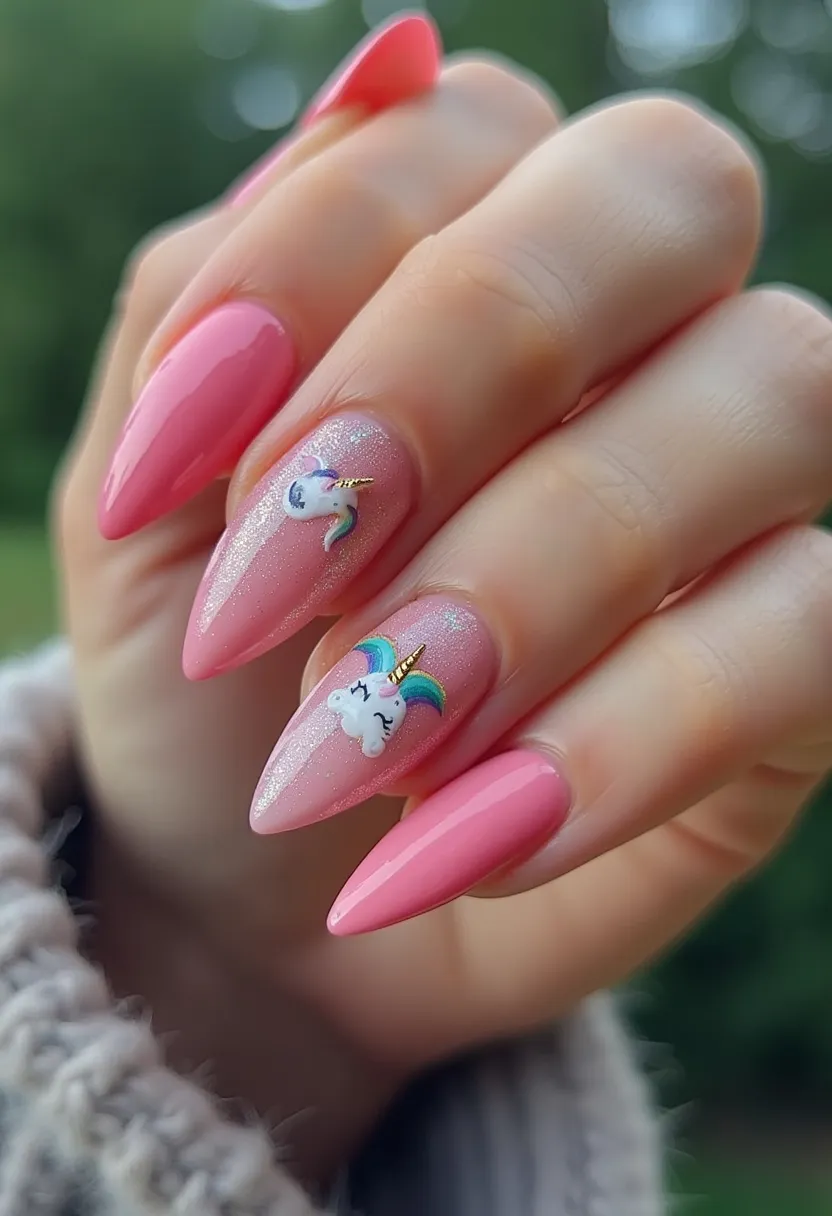 The nail design exhibits a playful and whimsical theme with a glossy pink color palette enriched by intricate unicorn decorations. The nails are shaped in a stiletto style, enhancing the elegance and length. Two of the nails feature detailed unicorn motifs with rainbow manes and golden horns, adding a magical touch. These decorated nails have a subtle glittery base that complements the overall pink shade. The nail treatment appears to be gel, offering a smooth and shiny finish that is both durable and vibrant. This design could be perfect for any fun, fantasy-themed occasion or simply to celebrate a love for unicorns and colorful art.