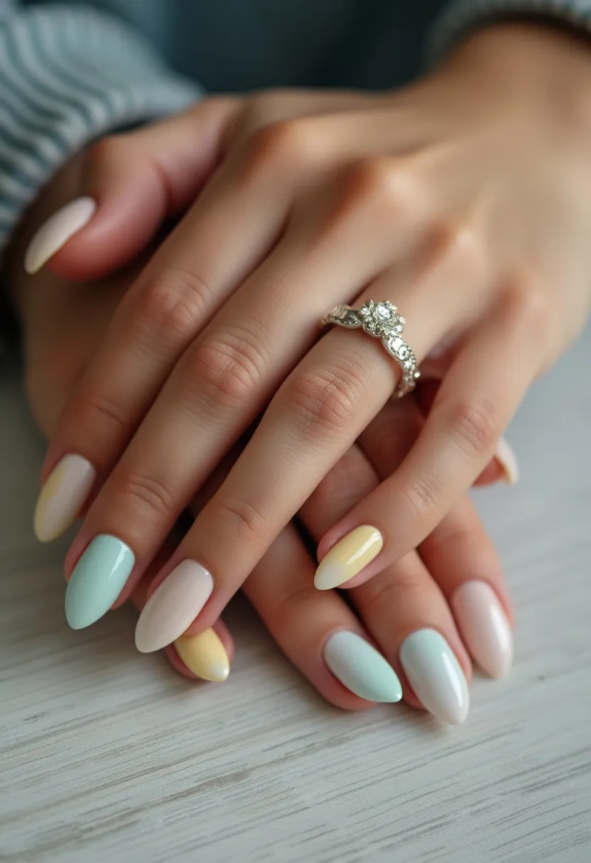 The nail design features a soft pastel color palette including shades of mint green, light pink, pale yellow, and creamy white. The nails are almond-shaped, providing a sleek and elegant appearance. Each nail showcases a single solid color without any intricate patterns or additional decorations, maintaining a minimalist aesthetic. The nail treatment appears to be gel, given the smooth and glossy finish. The gentle, pastel hues evoke a springtime theme, suitable for the season or special occasions such as weddings or baby showers. The overall look is elegant and understated, focusing on the beauty of the simple, yet sophisticated color choices.