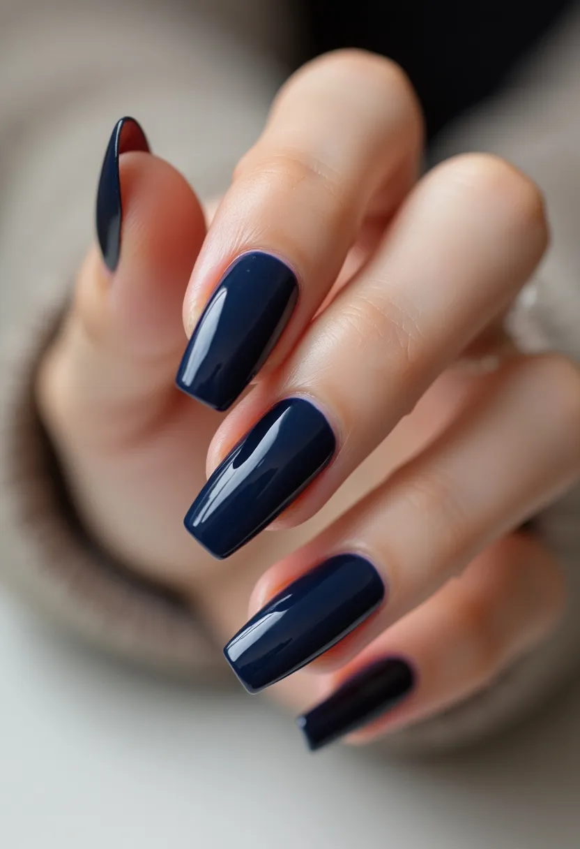 The nail design features a striking deep navy blue color palette that conveys a sense of sophistication and elegance. The nails are shaped in a long, squared-off style, providing a modern and fashionable look. The finish appears to be a glossy gel treatment, adding a sleek and shiny appearance while ensuring durability and a lasting effect. There are no intricate patterns or decorations on the nails, keeping the design simple and chic. This nail look, with its dark and rich hue, is particularly suitable for the winter season or formal occasions, providing a bold statement through its understated yet impactful design.