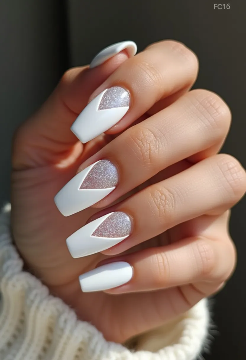 The nail design features a sophisticated winter-inspired look with a color palette of white and silver. The nails are shaped in a medium-long square style, enhancing a chic and modern appearance. Each nail exhibits a striking geometric pattern, where a white triangle is meticulously placed towards the tip, framing a glittery silver base that adds an eye-catching contrast. The use of a gel treatment is evident from the glossy and sleek finish that ensures durability. This design can be apt for seasonal winter festivities or special occasions, providing a stylish yet elegant touch to the overall look. The refined use of glitter and sharp geometric lines illustrates a well-thought-out design theme that focuses on simplicity with a hint of glamour.