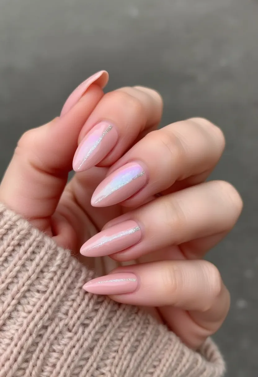 The nail design showcases a graceful almond shape, beautifully sculpted with a smooth finish. The color palette predominantly features a soft, elegant nude pink that exudes sophistication. A striking detail is the thin, vertical holographic stripe running down the center of each nail, adding a touch of iridescent charm and modern flair. The nails appear to be coated with gel polish, giving them a glossy and durable finish. This design is understated yet chic, making it versatile for everyday wear, special events, or even highlighting the beauty of seasonal transitions like spring or fall. The overall look is subtly glamorous, perfect for those seeking a blend of simplicity and sparkle.