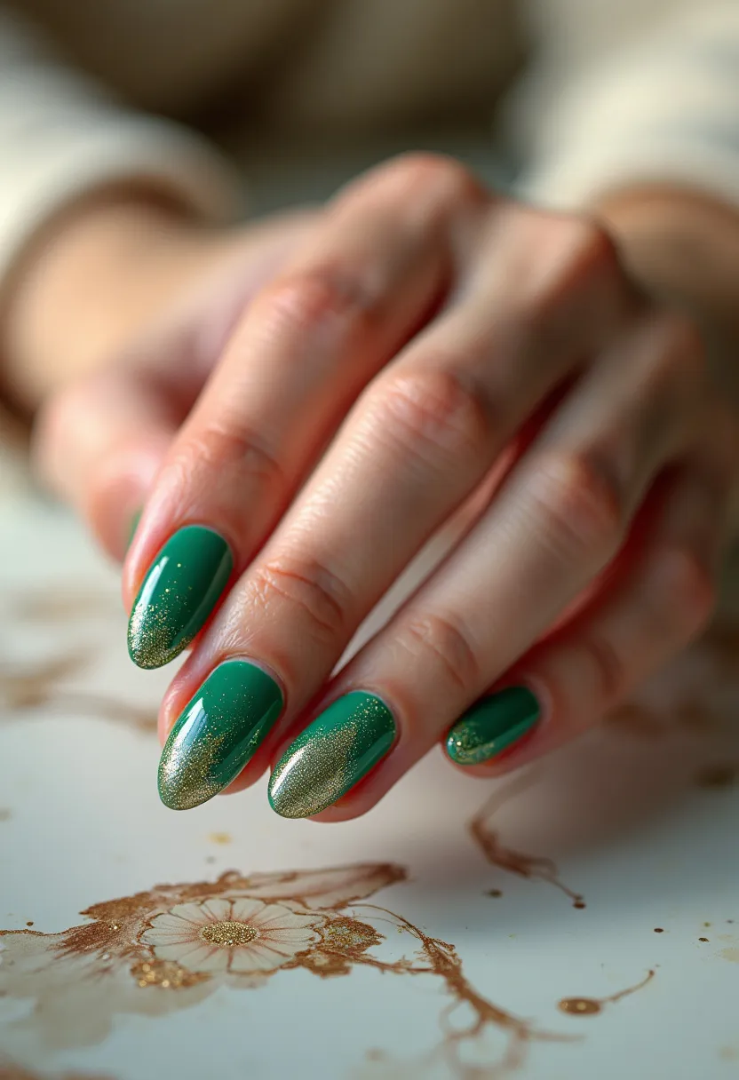 The nail design features a striking green base color complemented with a subtle gold gradient effect extending from the tip towards the middle of the nail. The nails are shaped into a stylish almond form, enhancing the elegance of the manicure. The gradient effect achieved with gold glitter adds a touch of luxury and sophistication, suggesting a gel nail treatment due to the glossy finish and smooth blend of colors. This design is well-suited for the holiday season or special occasions, offering a festive yet elegant look. The seamless blend of green and gold provides a rich, festive appearance perfect for celebrations.