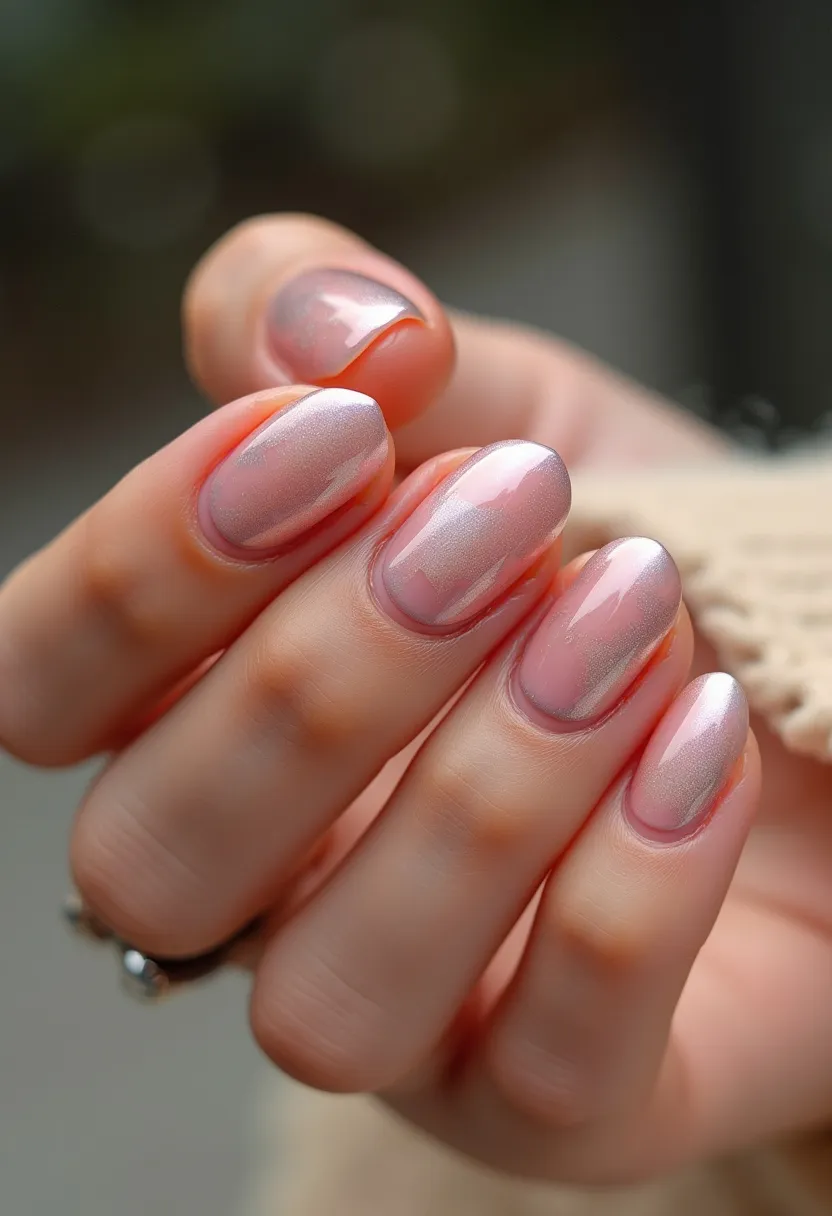 The nail design features a color palette predominantly of soft, iridescent pinks with subtle gradient effects, giving it a delicate and elegant appearance. The nails are shaped in a medium-length oval, showcasing a classic and timeless silhouette. The finish appears to be a smooth, high-gloss, hinting at a professional gel treatment that enhances durability and shine. Each nail has a slightly pearlescent quality, with intricate yet gentle shimmering details that catch the light beautifully, adding a sophisticated touch. This design exudes an air of freshness and would complement seasonal themes such as spring or summer, making it suitable for special occasions like weddings or elegant gatherings.