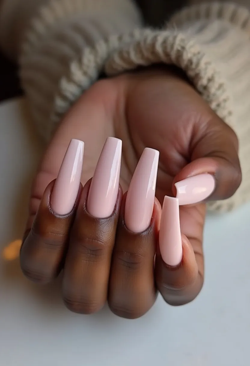 The nail design features long, coffin-shaped nails that are coated in a soft, light pink color, offering a sleek and elegant appearance. The nails have a glossy finish, suggesting the use of a gel treatment which enhances both the shine and durability. There are no intricate patterns or additional decorations, keeping the design minimalistic and classy. The choice of pastel hues and understated design makes these nails suitable for a variety of occasions, ranging from daily wear to special events, while also aligning well with a spring or summer seasonal theme.