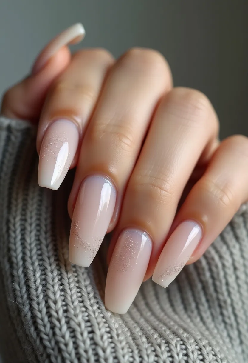 The nail design features a delicate and sophisticated color palette with a gradient that transitions from a soft nude pink at the base to a creamy, almost white tip. The nails have a coffin shape, providing an elegant and modern appearance. There is a subtle application of fine glitter towards the tips, adding a touch of sparkle and sophistication to the overall design. This nail treatment appears to be a gel application, given the high-gloss finish and smooth surface. The combination of the muted color scheme and the subtle glitter accents evokes a wintry or festive theme, making it suitable for special occasions or seasonal celebrations. The graceful blend of colors and the meticulous application highlight a refined and classy aesthetic.