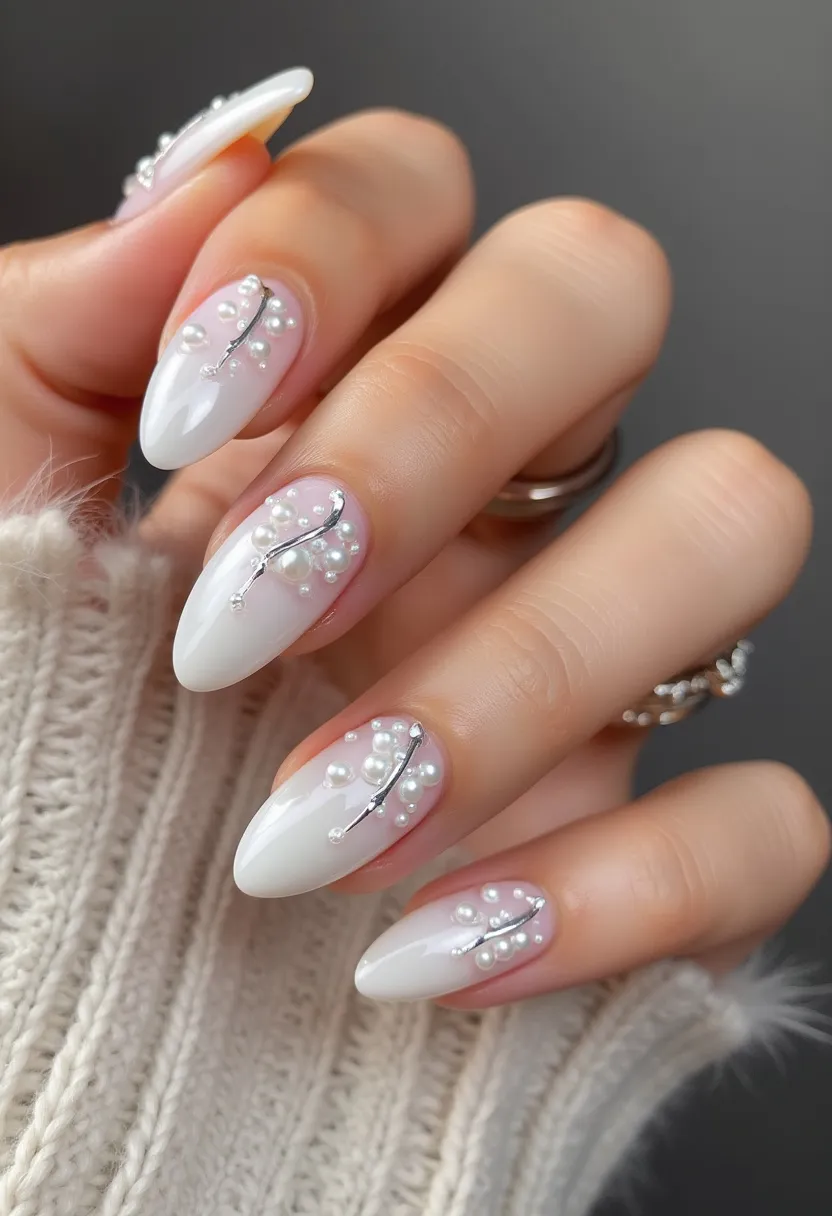 This nail design features a sophisticated and elegant palette dominated by a soft, glossy white color. The nails are shaped in a long, almond style, providing a graceful and elongated appearance. Each nail is adorned with delicate, intricate patterns resembling sprigs or branches, decorated with small pearls, adding a touch of luxury and refinement. The pearls are accentuated by thin, metallic silver lines that enhance the overall design. This appears to be a gel manicure, known for its smooth and long-lasting finish. The design exudes a wintery, festive theme, making it suitable for special occasions or holiday celebrations. The combination of minimalistic white with fine decorative details creates an exquisite, timeless look.