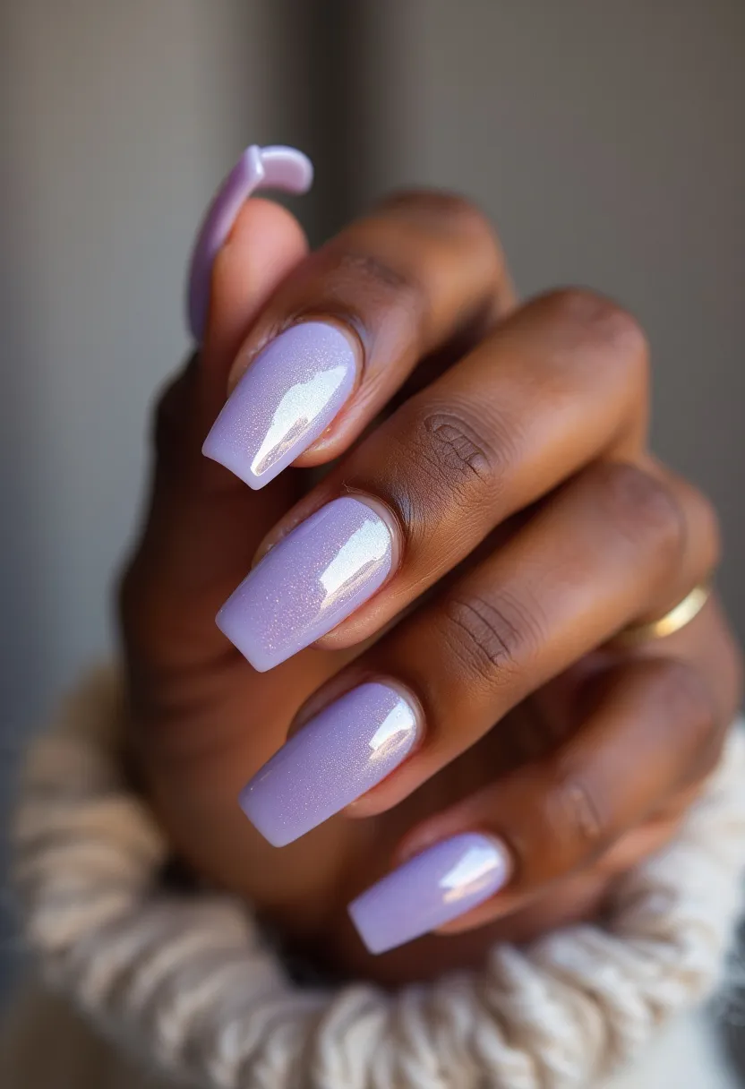 The nails have been crafted with a square shape, showcasing a glossy lavender hue with a subtle shimmer. The manicure appears to employ a gel treatment, providing a durable and shiny finish that enhances the vibrant color. These nails, with their soft purple tones and slight sparkle, could be ideal for spring or early summer seasons, adding a touch of freshness and elegance. The simplicity of the design, relying on a single, shimmering color without intricate patterns or extraneous decorations, emphasizes a sophisticated and graceful appearance.