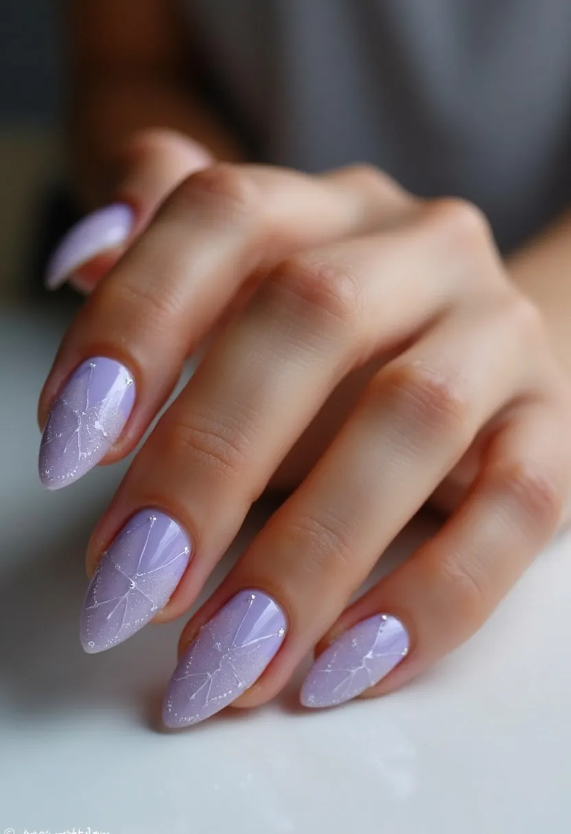 The nail design features an elegant and delicate aesthetic, utilizing a muted lavender as the primary color. The nails are almond-shaped, providing a sophisticated and elongated look. Intricate white geometric patterns are skillfully applied on the lavender base, creating a subtle web-like design. The patterns are complemented with tiny silver dots at key intersections, adding a touch of sparkle and dimension. The nails appear to have been treated with gel polish, providing a glossy and smooth finish that enhances their overall appeal. This design could be perfect for spring, given its pastel color and delicate design, or suitable for special occasions where a refined yet eye-catching nail art is desired.