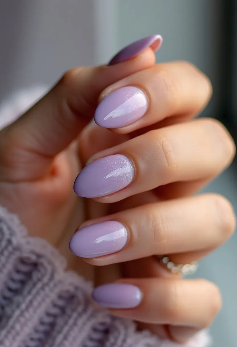 The nail design features a delicate lavender hue with a subtle transition to a slightly lighter shade at the tips, showcasing an ombre effect. The nails are shaped in an almond style, which is both elegant and elongating for the fingers. The manicure appears to utilize a gel treatment, offering a smooth and glossy finish that enhances the pastel color's vibrancy. This design is characterized by its simplicity and clean lines, making it versatile for various occasions, but particularly fitting for spring or any light, airy season. The soft and soothing color palette, combined with the seamless gradient, provides a sophisticated yet playful look without additional intricate patterns or decorations.