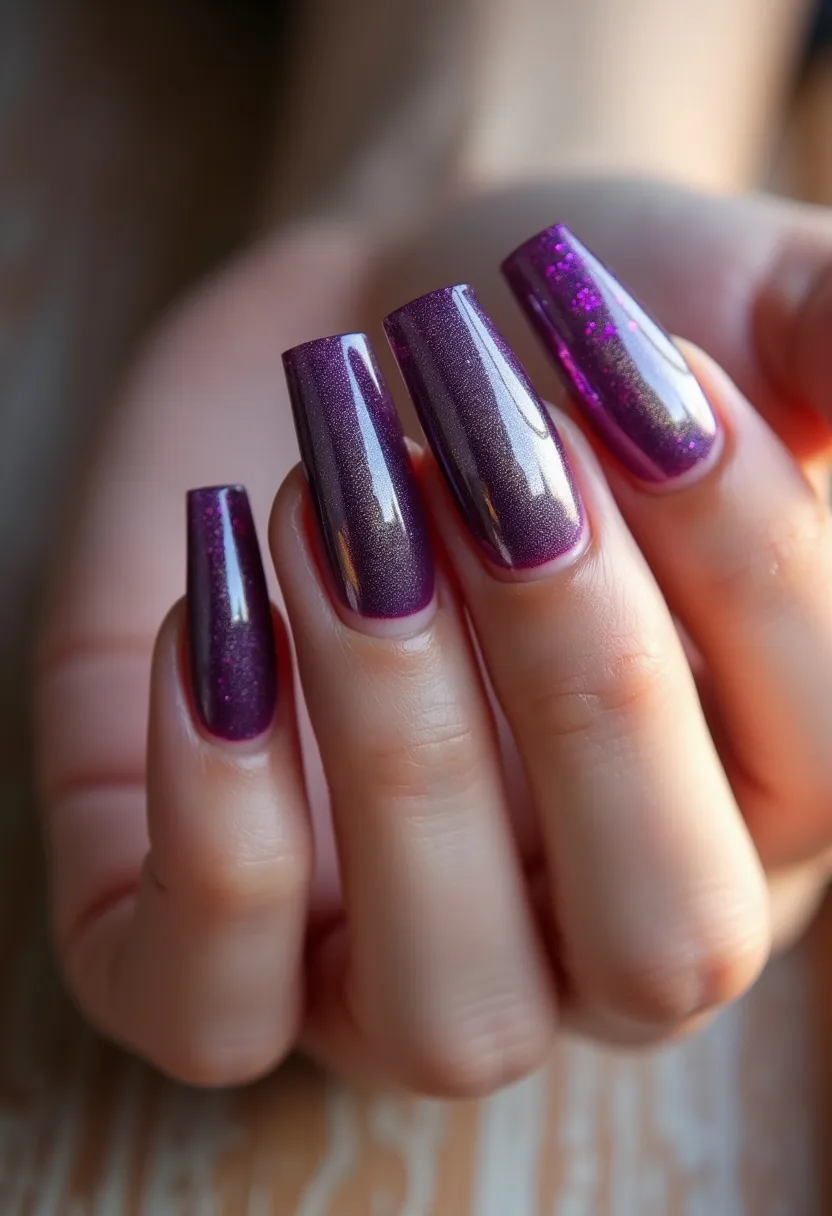 The nails feature a stunning deep purple color palette with very fine glitter throughout, giving a subtle yet elegant shimmer. The nails are long and have a square shape, adding to the sophisticated look. They appear to be coated in a glossy finish, most likely from a gel treatment for a polished and durable look. This nail design is suitable for evening events or special occasions, given its rich color and refined appearance. The use of glitter also makes it a good choice for festive seasons or celebratory events where a bit of sparkle is appreciated.