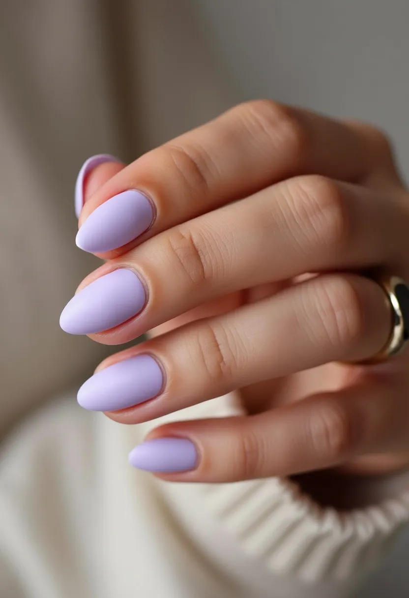 The nail design features a soft, pastel lavender color palette, which provides a delicate and refined appearance. The nails are shaped into a medium-length almond shape, which is characterized by their tapered sides and rounded tips. The finish appears to be matte, a popular choice for adding a sophisticated touch to the look. There is no presence of intricate patterns or decorations, ensuring a minimalistic yet elegant style. The treatment is likely to be a professional one, possibly a gel or matte-finished shellac to achieve the even and smooth finish. This nail design is versatile, suitable for both everyday wear and special occasions, with a subtle charm that makes it ideal for springtime or to add a touch of understated grace to any outfit.