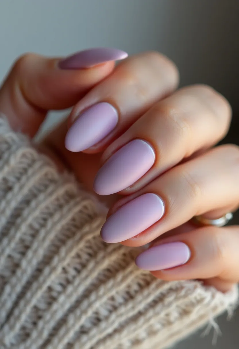 This nail design features a soft, pastel color palette dominated by a delicate lavender hue, evoking a sense of calm and elegance. The nails are filed into a rounded almond shape, complementing the fingers' natural curves. The treatment appears to be a smooth, matte finish, possibly achieved through a gel or dip powder technique, which provides a sleek and durable surface. There are no additional patterns or intricate decorations, maintaining a minimalist yet sophisticated look. This style is versatile and suitable for various occasions, adding a subtle touch of femininity that could easily transition through different seasons, particularly spring or early summer.