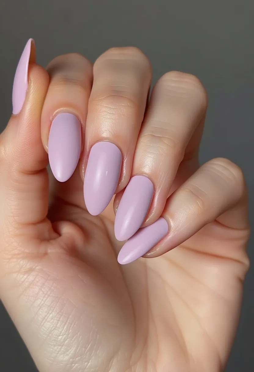 The nails feature a chic and elegant design with a soft, pastel lilac color palette. They are shaped in a pointed almond style, enhancing the fingers' natural elegance and elongation. The nails appear to have a smooth, glossy finish indicative of a gel or shellac treatment, which is known for its durability and high-shine quality. There are no additional intricate patterns or decorations, allowing the single-colored polish to be the focal point. This understated yet sophisticated design is versatile and suitable for various occasions, including spring or early summer events due to its fresh and delicate hue.