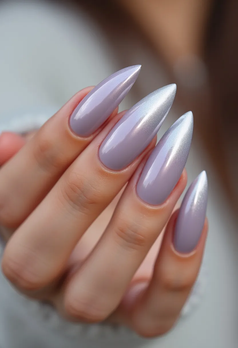 This nail design features almond-shaped nails with a sophisticated color palette primarily in hues of light lavender with a pearlescent finish. The nails appear to have been treated with gel polish, evident from their high gloss and smooth finish. The design is minimalist without intricate patterns, focusing instead on the subtle shine and sleek surface as the main attraction. The effect is elegant and versatile, suitable for both everyday wear and special occasions. This look could be particularly fitting for spring or winter seasons due to its cool and soft color tones that evoke a sense of freshness and elegance.