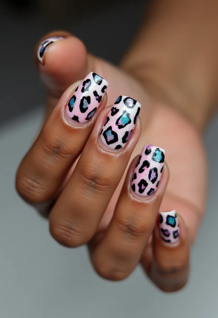 The nail design showcases a playful and vibrant leopard print pattern. The nails are medium-length and sport a square shape. The background color of the nails is a shimmery pale pink which gives the design a soft and feminine touch. Overlaying the base color, the intricate leopard spots are defined in black, creating a bold contrast. Within some of the leopard spots, there are pops of turquoise and white hues, adding a touch of uniqueness and liveliness to the design. The appearance suggests a gel nail treatment, offering a glossy and polished finish. The overall look is stylish and versatile, suitable for a festive or fun-themed occasion with a hint of glamour.