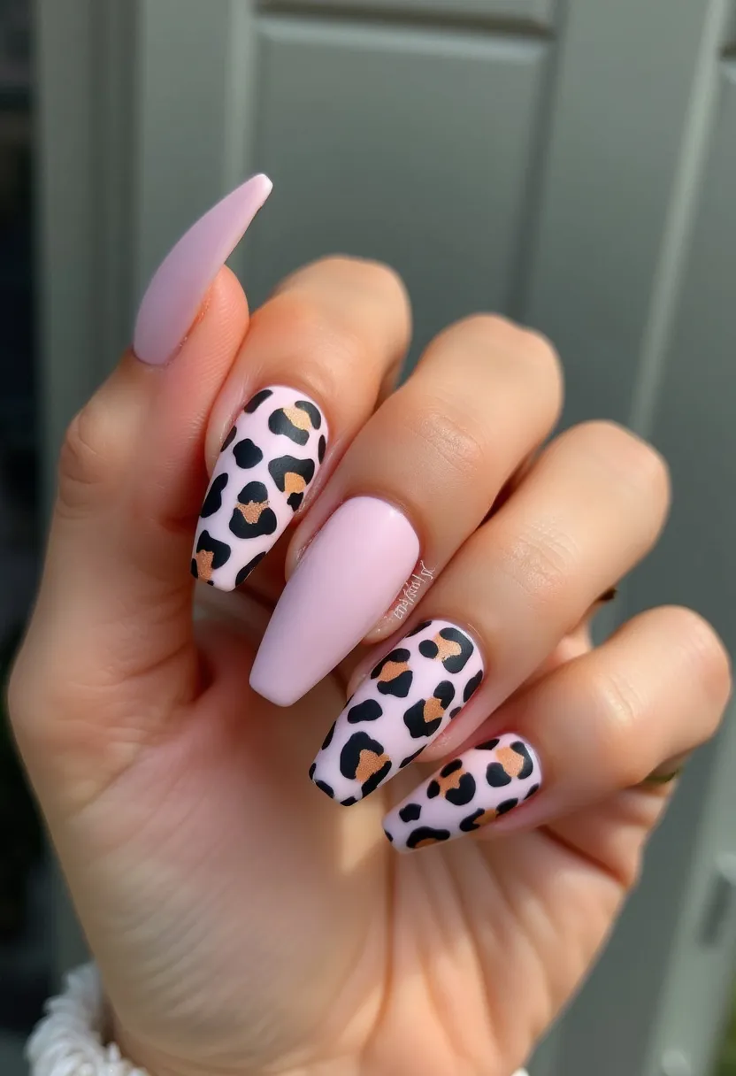 The nail design showcases a pastel pink color palette combined with a leopard print pattern. The nails are shaped in a long coffin or ballerina style. Two of the nails are painted in solid pastel pink, while the others feature a leopard print design with black and gold spots, adding an exotic and trendy touch. This intricate design appears to use gel polish for a glossy and durable finish. The unique details and stylish pattern make it suitable for fashion-forward individuals, adding an elegant and playful vibe that could be perfect for any season or special occasion.