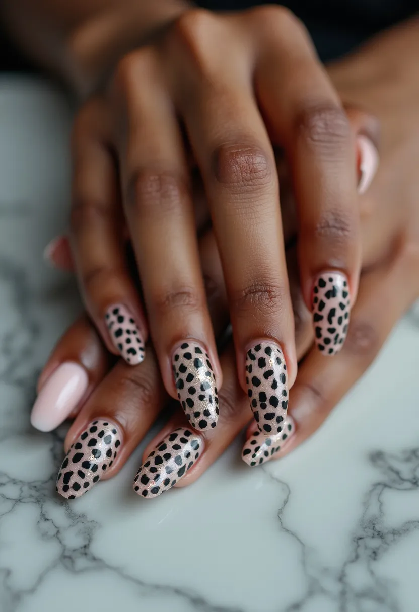 The nail design features a cohesive and stylish color palette predominantly comprised of soft nude and pastel pink tones accented with bold black patterns. The nails are shaped in a medium-length, rounded almond form, providing an elegant silhouette. Intricate leopard print patterns adorn the majority of the nails, with the black spots creating a striking contrast against the nude base, while one nail is painted entirely in a smooth pastel pink, adding a subtle variation to the design. The nail treatment appears to be a gel polish, offering a glossy and durable finish suitable for everyday wear or special occasions. The overall look exudes a chic and trendy vibe with an emphasis on fashion-forward animal print, making it a versatile choice for various settings and seasons.