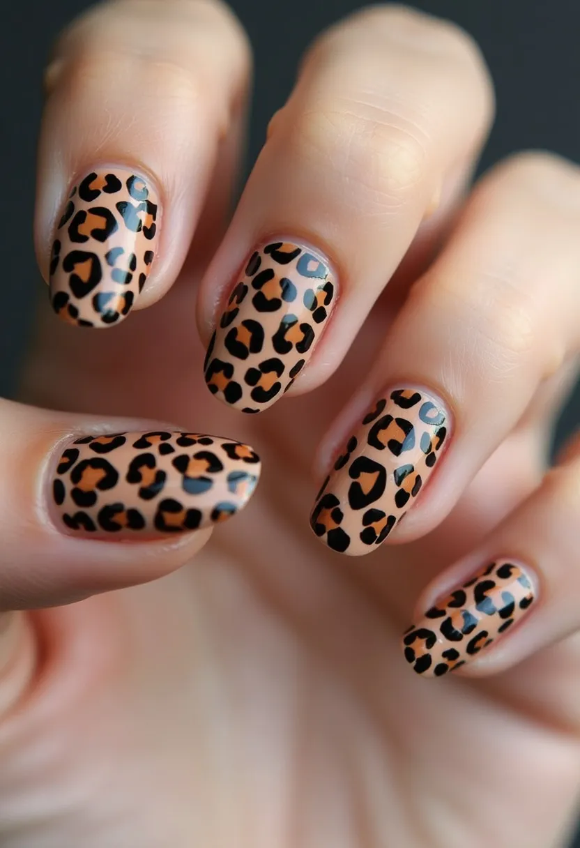 The nail design features a striking leopard print pattern, employing a color palette predominantly of beige, black, and brown. The nails are shaped with a medium length and a rounded tip, which complements the bold animal print design. The intricate pattern consists of black spots with brown centers against a beige background, creating the classic leopard look. The nails appear to be treated with gel polish, given their glossy finish and the detailed, precise artwork. This sophisticated nail art is versatile but might particularly suit fashion-forward occasions or thematic events, such as a safari-themed party or a bold, trendy night out.