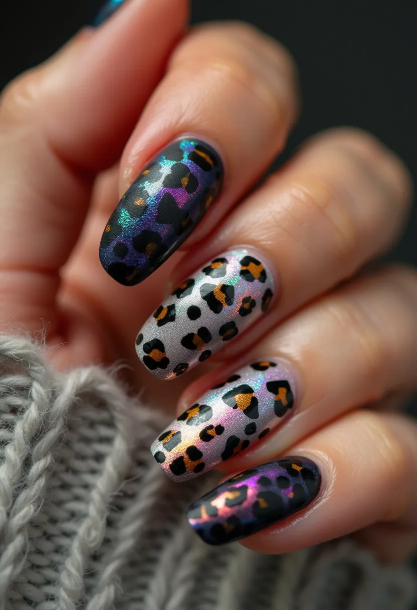 The nail design features a striking leopard print pattern set against a gradient shimmer background, blending shades of silver, black, and iridescent purple. The nails are medium in length and have a rounded almond shape, providing a sleek and elegant look. The design is likely created using a gel or shellac treatment, which gives the nails a glossy, durable finish. The intricate leopard print incorporates spots in black and gold, adding a touch of luxury and wildness. This design is versatile and can be worn for various occasions, but its rich color palette and shimmer details make it especially suitable for festive or glamorous events. The use of gradients and metallic hues makes this nail art an eye-catching choice for both everyday wear and special celebrations.