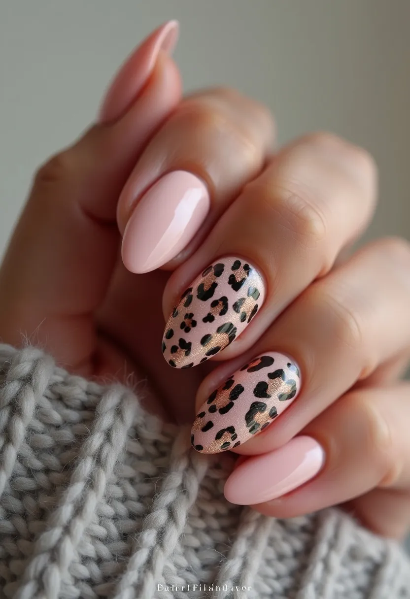 The nail design features an almond shape with a smooth, glossy finish, indicating likely gel or shellac treatment. The color palette primarily consists of a soft, pastel pink that covers several nails uniformly, while two accent nails showcase an intricate leopard print pattern. The leopard spots incorporate a combination of shimmering bronze and black hues, providing a striking contrast against the pink base. This design blends elegance with a playful, wild touch, making it suitable for both casual and formal settings. The intricate leopard pattern adds a unique and trendy detail, suitable for any season and perfect for adding a bit of flair to an everyday look.