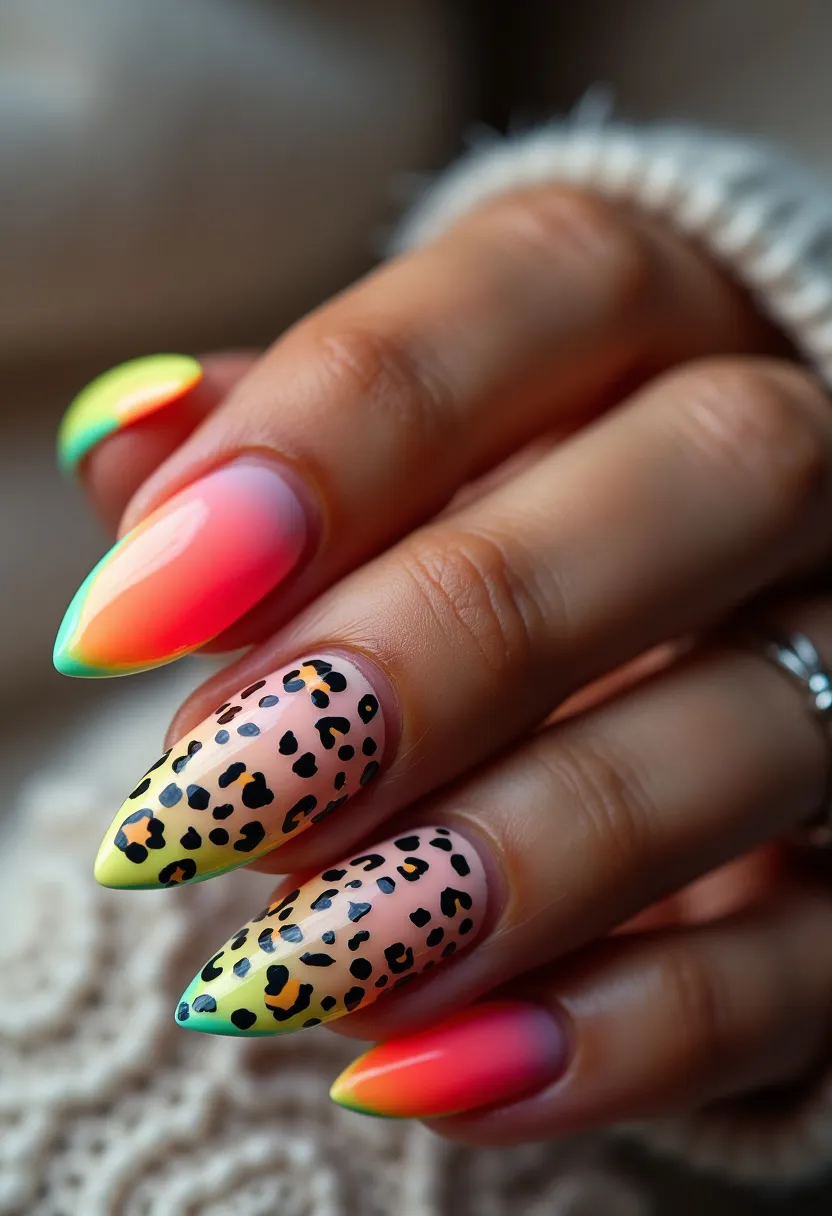 The nail design features a vibrant and eye-catching color palette of neon greens, yellows, oranges, and pinks, applied in an ombre gradient manner. The nails are long and pointed, classified as stiletto-shaped. Intricate patterns include leopard spots in black over a base of muted coral with neon accents. The nail treatment appears to be a combination of gel and possibly acrylic, due to the high gloss and intricate detailing. This bold and playful design incorporates a mix of vivid colors and animal prints, making it suitable for summer or festive occasions where a statement look is desired.