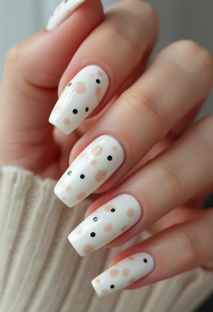 The nail design features a color palette dominated by a clean white base coat, accented with soft nude and black dot patterns. The nails are shaped in a long, squared style, lending an elegant and modern look. The intricate design includes an assortment of light peach-colored dots paired with smaller black dots, creating a chic and playful polka dot effect. This design appears to be achieved through a gel nail treatment, giving the nails a glossy and polished finish. The pattern and color scheme are versatile, making them suitable for both daily wear and special occasions. The minimalistic yet sophisticated design allows for easy coordination with various outfits, making it a stylish choice for any season.