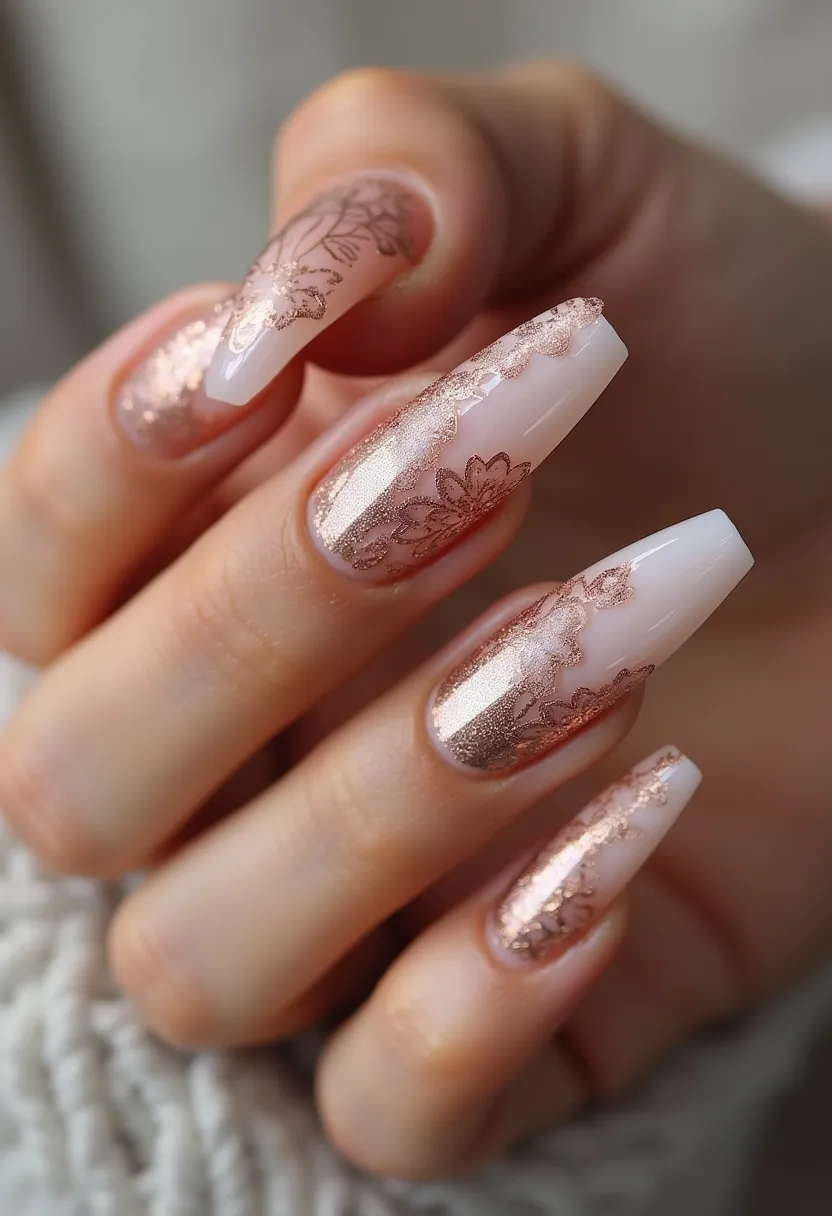 The nail design features a sophisticated palette of rose gold metallic and a soft, neutral pinkish-nude base. The nails are shaped in a modern coffin style, providing a long and sleek appearance. Intricate floral patterns and lace-like designs are meticulously applied, adding a touch of elegance and delicacy to the overall look. The nail treatment appears to be a gel manicure, ensuring a glossy finish and longer-lasting wear. This design exudes a glamorous yet romantic vibe, suitable for special occasions such as weddings or formal events, and is particularly fitting for the autumn season given its warm and rich tones.