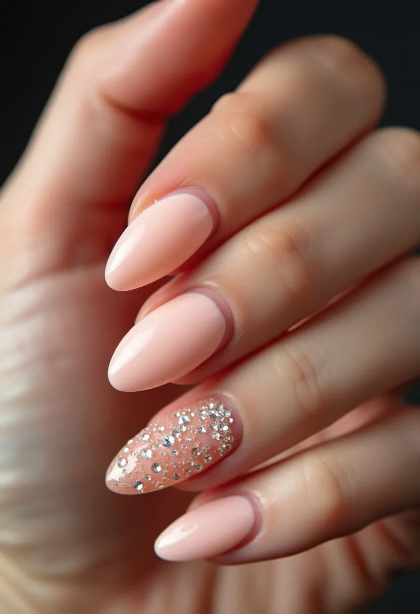 The nail design features a delicate color palette primarily consisting of a soft, peachy nude shade. The nails are shaped in a stiletto form, characterized by their pointed and elongated tips. One of the nails distinguishes itself with intricate decorations, adorned with sparkling silver rhinestones scattered across the surface, adding a touch of glamour to the subtle base color. The treatment appears to be achieved through gel nails, given the high gloss finish and smooth, even application. This nail design exudes a festive and celebratory feel, suitable for special occasions such as weddings or holiday parties, where elegance and sophistication are desired.