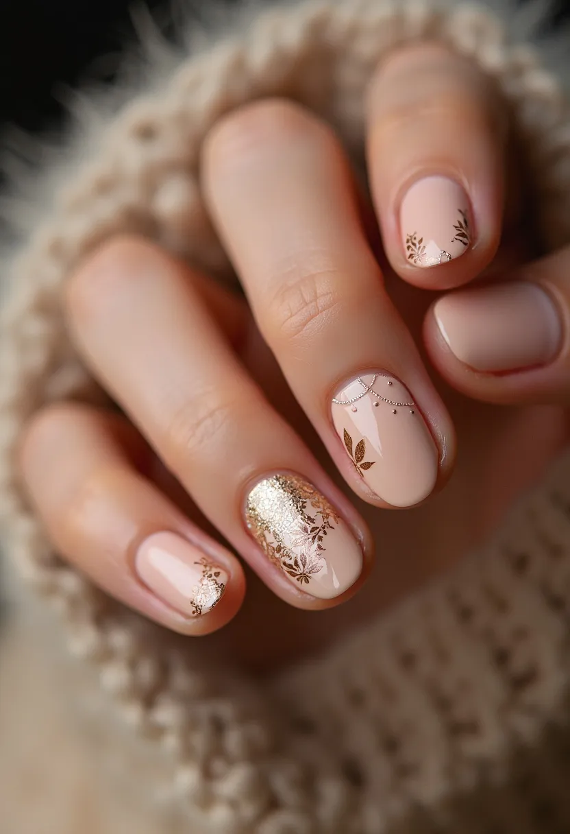 The nail design features a soft, nude color palette with each nail painted in a pale, blush pink shade. The nails are medium length and neatly shaped into a natural, oval form. Intricate decorations include delicate gold leaf patterns and small, metallic beads forming subtle, elegant designs. The gold embellishments create a sophisticated overlay, some nails showcasing a full gold foil accent while others have finely detailed gold leaves. The nail treatment appears to be gel, giving a glossy finish to the nails, and the design is reminiscent of autumn or holiday themes with its warm, luxurious details. This sophisticated look is perfect for special occasions, providing an elegant yet stylish touch.