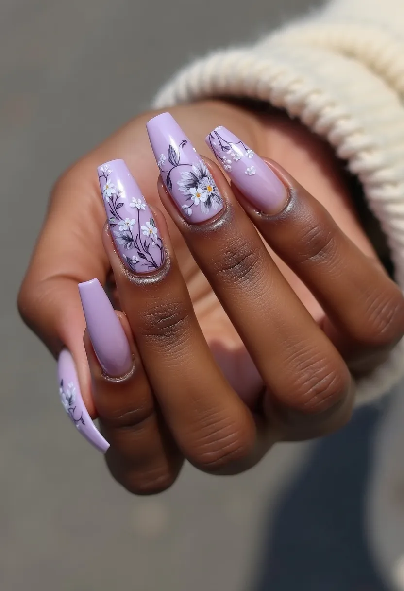 The nail design features a pastel lavender color palette, providing a soft and delicate base. The nails are long and shaped in a coffin style, which adds a modern and stylish touch. Intricate floral patterns adorn the nails, incorporating white flowers with fine black detailing and occasional pops of yellow in the flower centers. This design appears to be done using gel polish, given the glossy finish and the precision of the detailed artwork. The overall look is elegant and personalized, making it suitable for special occasions or a springtime seasonal theme, reflecting a fresh and blossoming aesthetic.