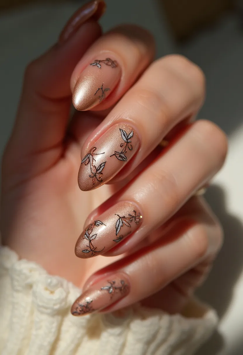 The nail design showcases a sophisticated blend of rosy gold and shimmery metallic hues, creating an elegant and polished look. The nails are medium to long in length and are styled into a chic almond shape, enhancing the overall gracefulness of the design. Intricate black leaf patterns adorn each nail, adding a touch of nature-inspired delicacy and subtle artfulness. The type of nail treatment appears to be gel or shellac, providing a glossy and durable finish. The shimmery rose gold background and the delicate leaf patterns make this design particularly suitable for an autumn theme or a special occasion, such as a fall wedding or an upscale event, owing to its refined and stylish aesthetics.