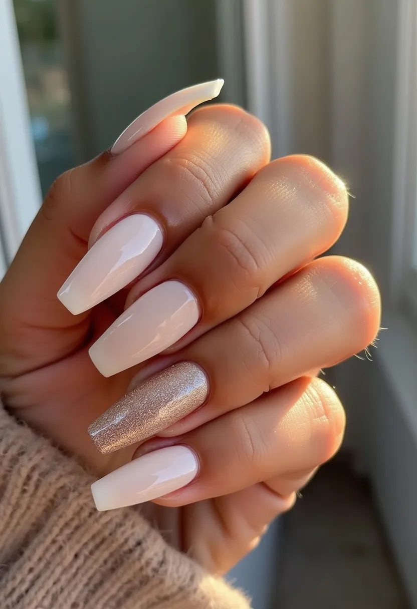 The nail design features a primarily nude color palette with a glossy finish, paired with an accent nail in a sparkly metallic shade. The nails are long and square-shaped, creating a sophisticated and modern look. The likely nail treatment appears to be either acrylic or gel, given the length and smooth, shiny finish. The accent nail, which stands out with its glittery texture, adds an elegant touch. This design could be suitable for various occasions, including formal events, weddings, or festive celebrations due to its timeless and versatile color choices.