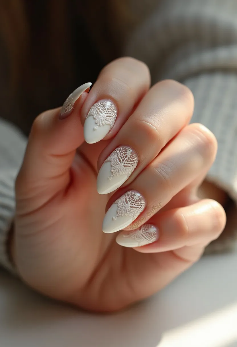 The nail design features a sophisticated and elegant palette primarily consisting of creamy white hues. The nails are shaped into almond tips, providing a sleek and elongating effect to the fingers. The intricate patterns involve delicate lace-like designs, which are artfully positioned towards the cuticle area, extending slightly towards the tips with a mix of floral and geometric elements. This meticulous decoration is likely created using gel or acrylic methods due to its detailed and raised texture. The embellishment includes subtle bead-like accents, adding a three-dimensional effect to the overall design. This nail art exudes a bridal or special occasion theme, suitable for events requiring a touch of grace and refinement.