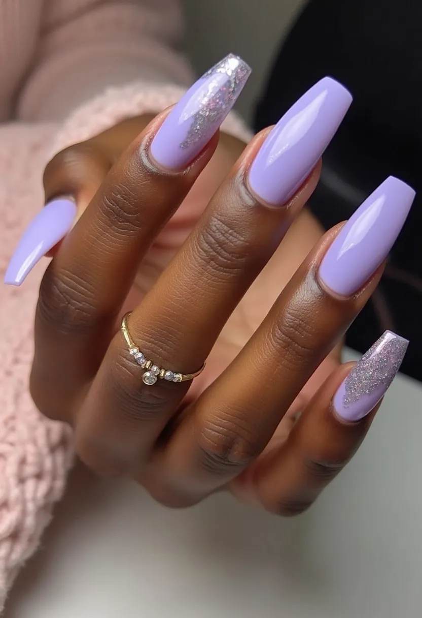 The nail design presented features a striking pastel purple color palette, which exudes a soft yet trendy look. The nails are shaped into a elongated coffin style, known for its squared-off tips that provide a modern aesthetic. A hint of sparkle is added with intricately applied silver glitter accents on one nail, creating a visually appealing contrast and adding a touch of glamor. The nails have a glossy finish, indicative of a gel nail treatment that ensures both durability and shine. This stylish design, with its pastel hue and glittery detail, makes it suitable for spring or festive occasions, offering a blend of elegance and playful charm.