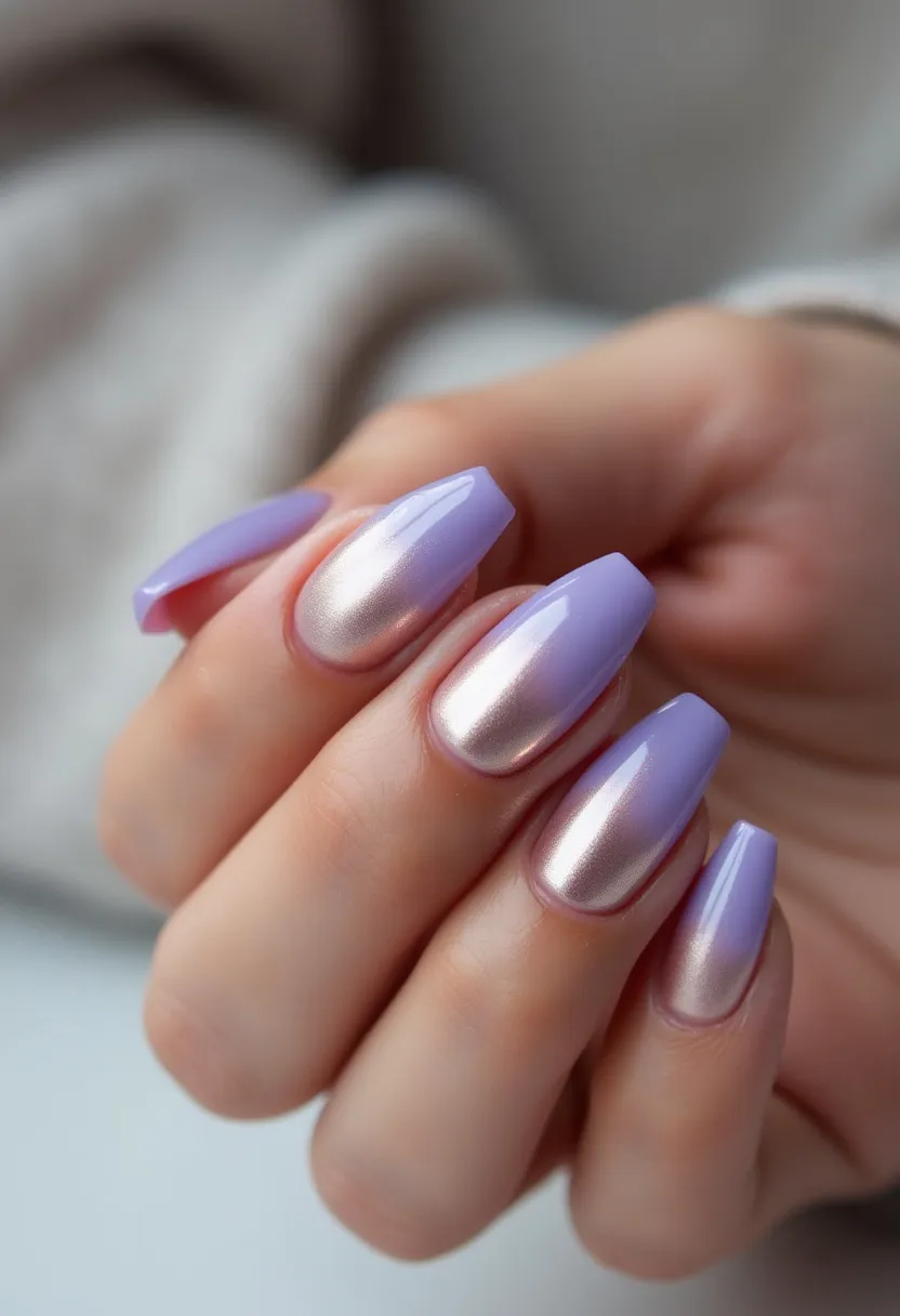 The nail design features a color palette that combines a delicate lavender with a shimmering chrome finish, creating an elegant and visually appealing contrast. The nails are shaped into a long, almond form, adding sophistication to the overall look. The intricate pattern includes an ombre effect where the lavender transitions seamlessly into the chrome, giving the nails a modern and chic appearance. The glossy finish suggests a gel or shellac treatment, providing a durable and high-shine result. This design could be perfect for spring or summer seasons, given its soft pastel hues and reflective sheen, making it suitable for special occasions like weddings or formal events.