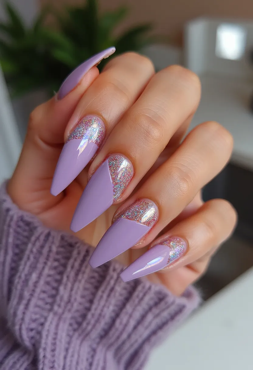 The nail design features a striking palette of soft lavender and holographic glitter. The nails are shaped into long, sharp stiletto points, giving a dramatic and elegant appearance. The design includes a unique pattern where each nail is split diagonally, with the bottom half adorned with lavender color and the top half showcasing a sparkling holographic glitter. This intricate pattern makes use of the contrast between the solid pastel and the glittering segment, resulting in a harmonious yet eye-catching look. The treatment appears to be gel, known for its long-lasting and glossy finish. This nail design could be suitable for a festive occasion or a glamorous event, providing both sophistication and flair.