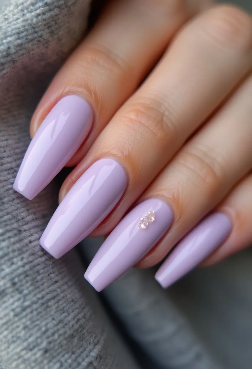 The nail design features a smooth and glossy light lavender color that creates a soft, elegant look. The nails are long and have a coffin shape, which is characterized by a square tip with a tapering towards the end. There is a subtle decorative element on the ring finger nail, consisting of small, clear rhinestones arranged in a simple cluster, adding a touch of sparkle. The finish is likely achieved through a gel or shellac manicure, given its high shine and durability. This nail design has a versatile, sophisticated appeal that is suitable for both everyday wear and special occasions, evoking a sense of springtime freshness.