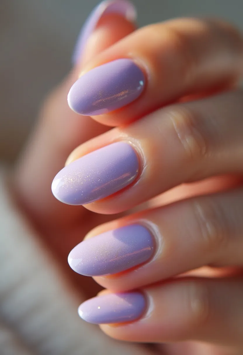 The nail design showcases nails that are almond-shaped and feature a soft, pastel purple color palette with a slight gradient effect towards the tips, subtly shifting to a more radiant purple. The nails appear to have a smooth and glossy finish, which is characteristic of a gel nail treatment, giving them a polished look. Additionally, there's a fine, almost ethereal shimmer spread evenly across the nails, adding a touch of elegance and dimension. This design exudes a fresh and delicate vibe, making it ideal for spring or summer seasons or for special occasions where a refined yet playful touch is desired.