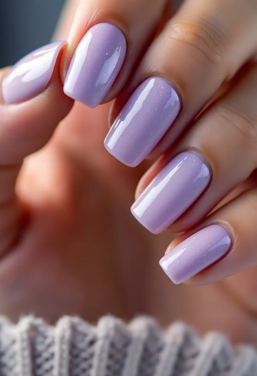 The nail design features a soft, pastel purple color palette, creating a subtle and elegant look. The nails are shaped in a medium-length, squared-off style, which enhances the modern appearance. This design appears to utilize a gel treatment, providing a glossy and smooth finish that adds durability and shine. The surface of the nails is uniform and smooth, without any additional intricate patterns or decorations, allowing the beautiful lavender hue to stand out on its own. This nail design would be suitable for a variety of occasions, including both everyday wear and special events, due to its refined and versatile appearance. The choice of a light purple shade may also suggest a seasonal theme, potentially geared toward spring or early summer.