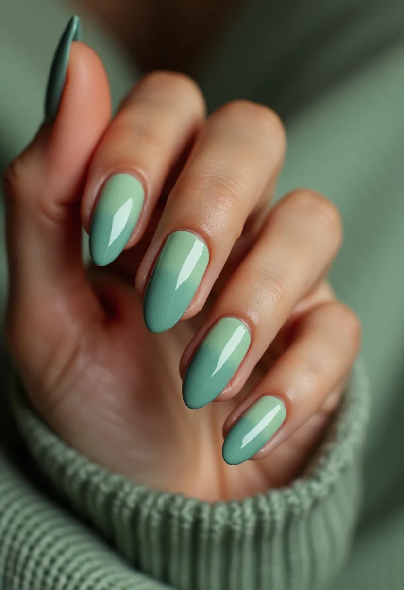 The nail design features a sophisticated and cohesive look using a monochromatic teal color palette. The nails are shaped in a classic, slightly elongated almond shape, which complements the overall elegant aesthetic. The nail surfaces are finished with a high-gloss shine, indicative of gel or shellac treatment. The smooth, reflective surface suggests a meticulous application ensuring durability and a polished appearance. There are no additional intricate patterns or decorations, emphasizing the simplicity and elegance of the single-toned finish. This nail design is versatile, suitable for both everyday wear and more formal occasions, and it seamlessly aligns with a cool and chic seasonal theme, possibly evoking the freshness of spring or the tranquility of winter.