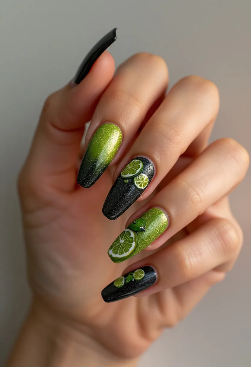 The nail design exhibits a stylish combination of vibrant lime green and deep black shades, creating an eye-catching palette. The nails are long and almond-shaped, providing a chic and elegant look. Each nail is graced with intricate patterns, including three-dimensional lime fruit slices, adding a playful and fresh element to the design. The use of what appears to be a gel treatment not only ensures durability but also gives the nails a glossy, finished sheen. The detailed lime decorations are likely created using small embellishments, enhancing the summery and refreshing theme, making it an ideal choice for warm weather or special tropical-themed events.