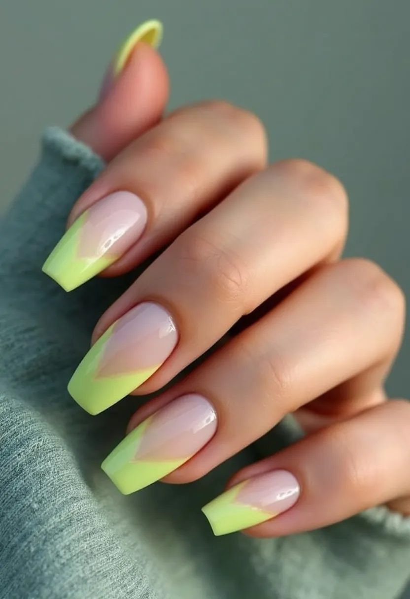 The nail design features a combination of soft pastel pink and a vibrant neon yellow which creates a striking contrast. The nails are shaped in a medium-long, square style, providing a chic and elegant appearance. The pattern includes a minimalist yet bold triangular design at the tips, where the neon yellow forms a pointed shape toward the center of each nail, merging seamlessly with the pink base. This design is likely created using gel polish, given its glossy and smooth finish, which is characteristic of gel treatments. The fresh and bright color palette makes this design ideal for spring or summer, evoking a lively and energetic vibe suitable for warm, sunny days or festive occasions.